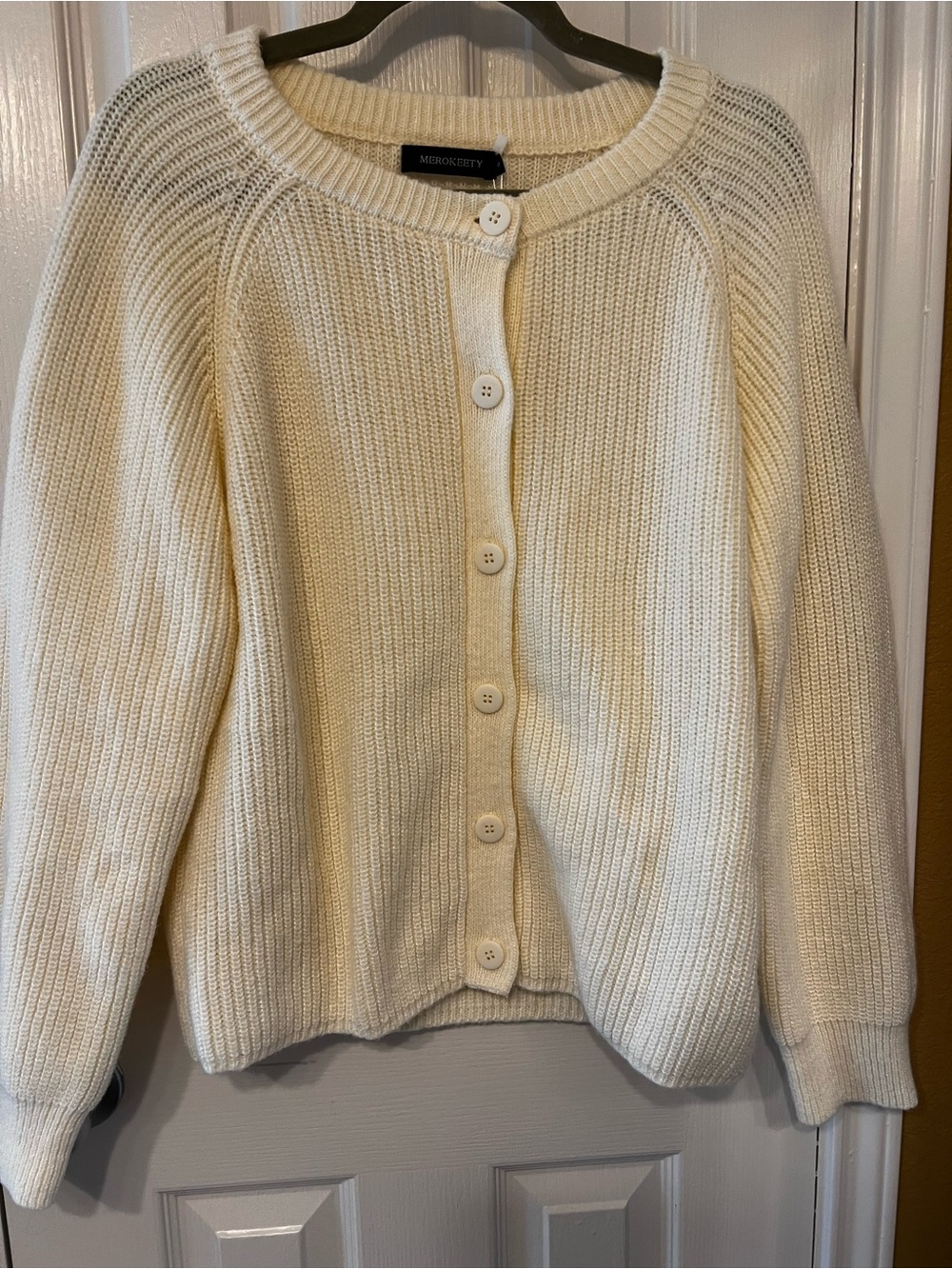 NWT Merokeety Cream Button-Front Ribbed Cottagecore Cardigan, Size Small